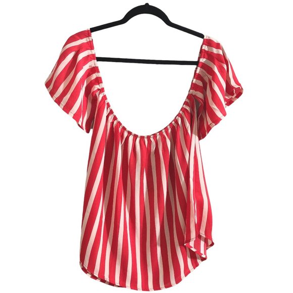NWT Hayden Los Angeles Vertical Striped Off Shoulder Red Cream Top L - Picture 1 of 6